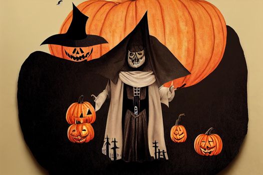 give it to you, gothic man in Halloween costume, senior man hold pumpkin, old man in magic hat and cloak, Jack-o-lantern, Fantasy horror Halloween, Halloween decoration and scary concept, 31 october