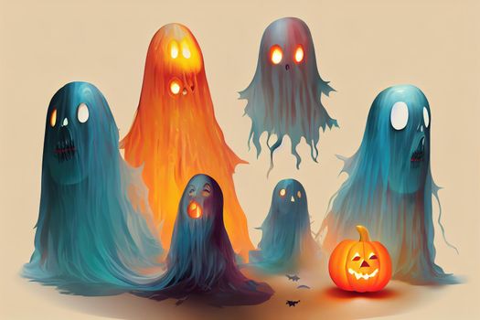 Ghost for Halloween, Set of multi-colored Ghosts with scary and evil emotions on their faces, Creative concept idea, Realistic 3d design, Traditional elements of decor for holiday v3