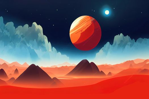 Mars surface, alien planet landscape, Space game background with orange ground, mountains, stars, Saturn and Earth in sky v1