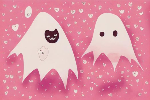 Funny Hand Drawn Illustration with Cute White Ghost Isolated on a Pink Background, Lovely Nursery Art for Pink Halloween Party, Simple Handwritten Happy Halloween Card, Pattern with Ghosts and Hearts