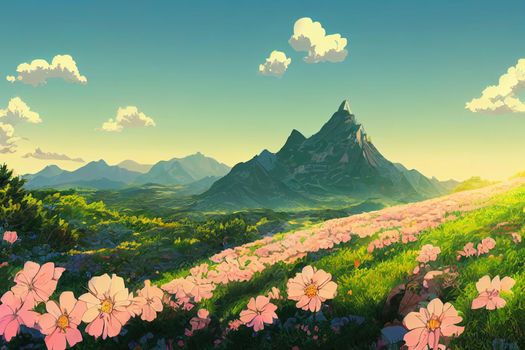 Mountains during flowers blossom and sunrise, Flowers on the mountain hills, Beautiful natural landscape at the summer time, Mountain-image anime style v3
