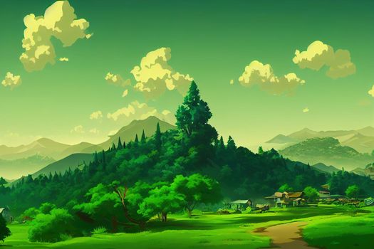 Green mountain landscape, Mountain village in green valley v1