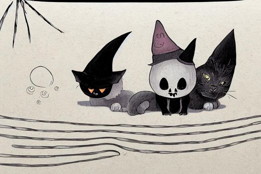 Funny Hand Drawn Halloween Bunting, Infantile Illustration, White Skull and Ghost, Black Cat and Bats, Hand Written Happy Halloween and Boo, Starry Night, Gra, Orange, Black and White Design v1