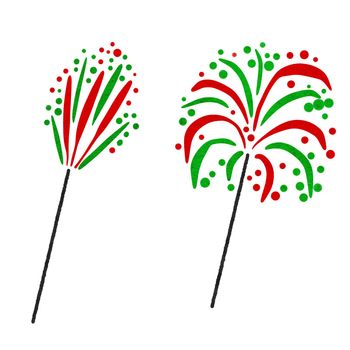 Watercolor hand drawn illustration of red green fireworks fire crackers. Christmas new year party celebration holiday, modern night vibrant festival, greeting congratulations