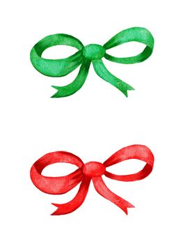 Watercolor hand drawn illustration of red green christmas ribbon bows. Cute bright decor for winter holiday greeting cards invitations, retro vintage ornament, simple minimalist style