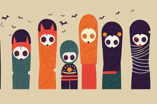 Cute Kids Wear Monsters Costume, Happy Halloween Banner Party Celebration Flat Illustration , Hand drawn v1