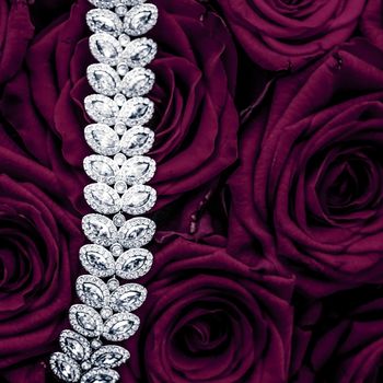 Luxe branding, glamour fashion and boutique shopping concept - Luxury diamond jewelry bracelet and purple roses flowers, love gift on Valentines Day and jewellery brand holiday background design