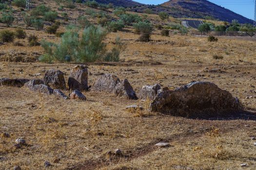 remains of the 6000 year old copper age dolmen of holm oaks found in the field