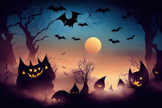 Dark magic light in fog Halloween background with bats and owls ,toon style, anime style, cartoon style v3