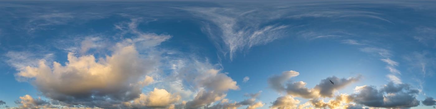 Sky panorama with Cirrus clouds in Seamless spherical equirectangular format. Full zenith for use in 3D graphics, game and editing aerial drone 360 degree panoramas for sky replacement