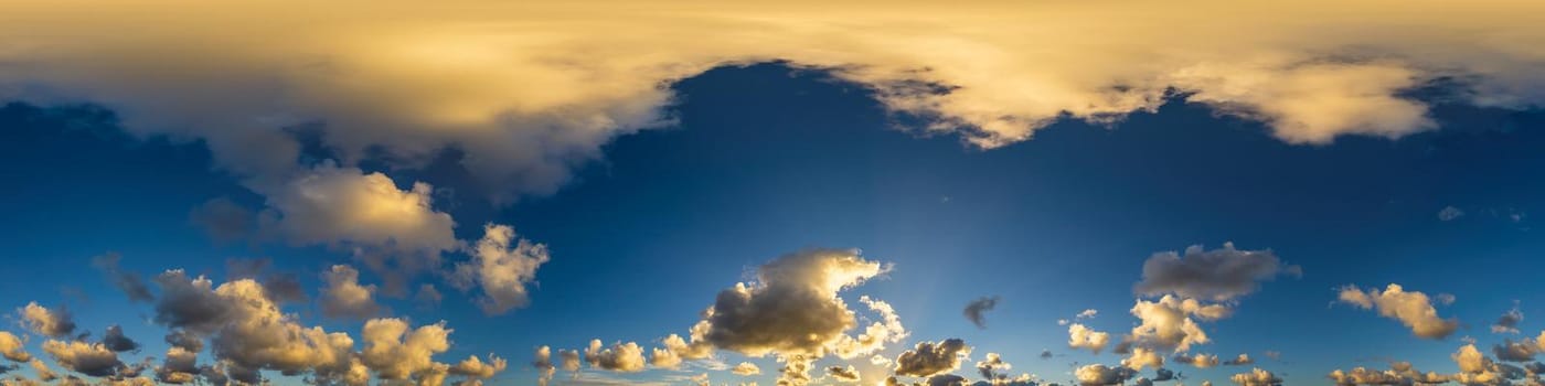 Sky panorama with Cirrus clouds in Seamless spherical equirectangular format. Full zenith for use in 3D graphics, game and editing aerial drone 360 degree panoramas for sky replacement