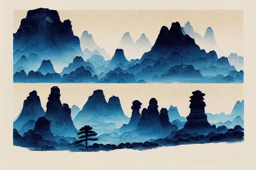 Four paintings of blue mountains hand drawn with ink on white background, Traditional oriental ink painting sumi-e, u-sin, go-hua, Contains hieroglyphs - happiness, clarity v1