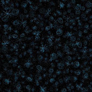 Hand Drawn Snowflakes Christmas Seamless Pattern. Subtle Flying Snow Flakes on chalk snowflakes Background. Authentic chalk handdrawn snow overlay. Alive holiday season decoration.