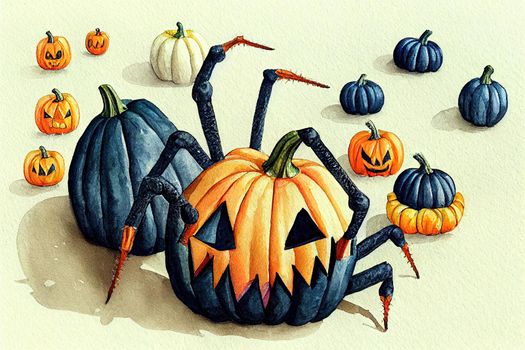 Colorful pumpkins with cute spiders, Watercolor illustration, A hand-drawn set for Halloween v1