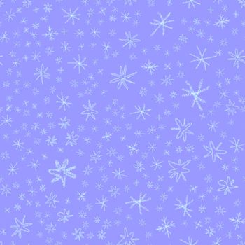 Hand Drawn Snowflakes Christmas Seamless Pattern. Subtle Flying Snow Flakes on chalk snowflakes Background. Awesome chalk handdrawn snow overlay. Precious holiday season decoration.