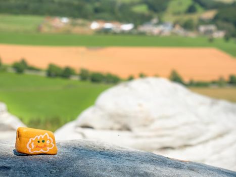 Laughing face painted on a small stone. Children game of painted pebbles in the landscape. Tourist destinations and trip targets for children