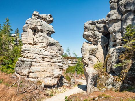 Rock city Ostas, nature reserve. Rocky labyrinth  and table mountain, Broumov region, Czech republic. Rocks and bizarre sandstone formations.