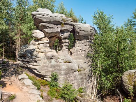 Ostas sandstone rock formations near The Ostas table mountain. The national nature reserve Adrspach-Teplice Rocks, Czech republic, Europe.