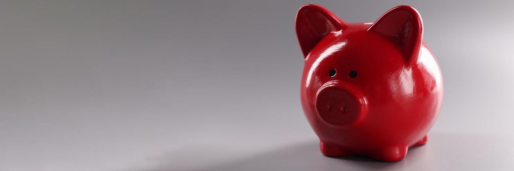 Closeup of red piggy banks for coins on gray background. Cash savings concept