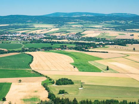 Summer view to Broumov countryside panorama and landscape. Bromov rocky walls viewpoint, Czechia, Europe