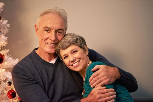 A romantic Christmas eve. Cropped portrait of a happy mature couple beside a Christmas tree