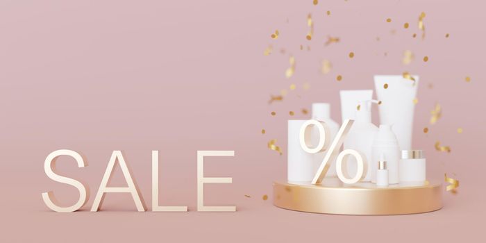 White cosmetic products with golden discount sign on pink background. Free, copy space for your text. Special offer, good price, deal, shopping. Black friday. Beauty and make-up. 3d rendering