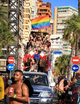 Benidorm, Alicante, Spain- September 10, 2022: People dancing and having fun at the Gay Pride Parade in Benidorm in September