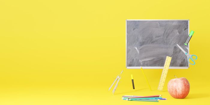 School stationery items on yellow background with free space for text. Creative, colourful background with school supplies. Banner with copy space. Ruler, pencil, scissors, apple. 3D rendering