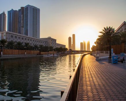 Qasba canal in Emirate of Sharjah. UAE. Outdoors.