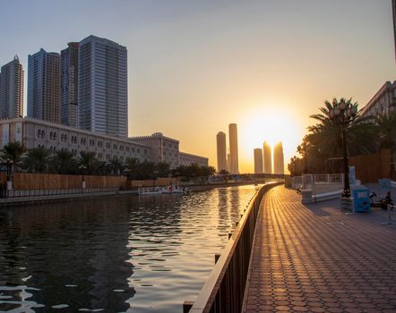 Qasba canal in Emirate of Sharjah. UAE. Outdoors.