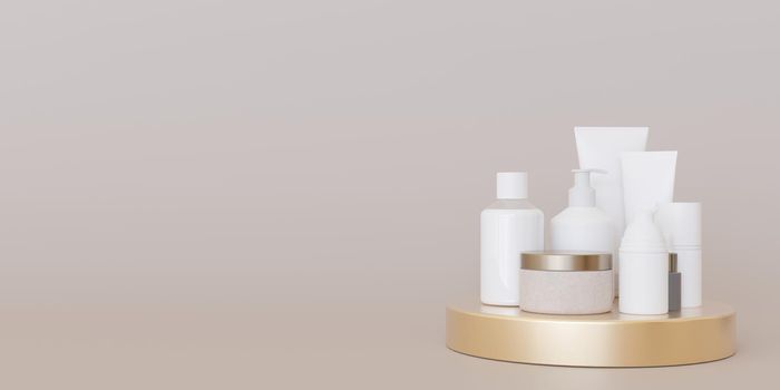 White cosmetic products standing on golden podium, on cream background. Free, copy space for your text. Special offer, good price, deal, shopping. Black friday. Beauty and make-up. 3d rendering