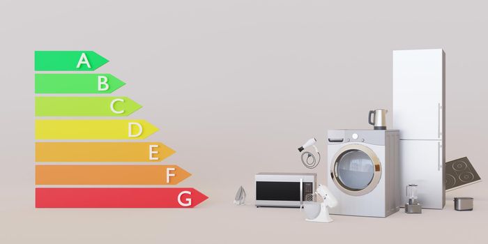 Different household appliances and energy efficiency rating chart on grey background. Electronic household devices. House equipment. Save energy. 3d rendering