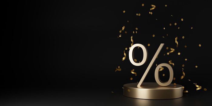 Golden discount sign and falling confetti on black background. Free, copy space for your text. Special offer, good price, deal, shopping. Black friday. 3d rendering