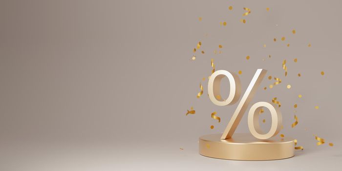 Golden discount sign and falling confetti on light brown background. Free, copy space for your text. Special offer, good price, deal, shopping. Black friday. 3d rendering