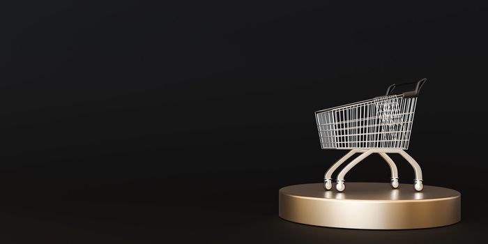 Shopping trolley on the black background with free space for text. Black friday concept. Sale, deal and discount. Closeup, copy space, template for your design. 3D rendering