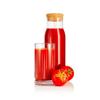 tomato juice in glass and bottle isolated on white. tomato juice bloody mary component