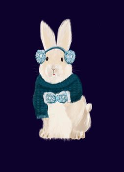 Christmas illustration with cute bunny. Merry Christmas postcard