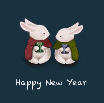 Christmas illustration with cute rabbits. Happy New Year greeting card