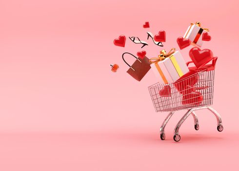 Shopping cart, trolley with gift boxes, hearts, shoes, parfume, bag on pink background with free space for text, copy space. Valentine's Day, sale. 3D illustration