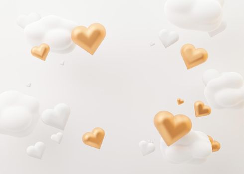 White and golden hearts and clouds. Valentine's Day background with free space for text, copy space. Postcard, greeting card design with hearts. 3D illustration. Love