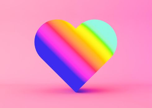 Colorful rainbow heart on pink background. Valentine's Day, love. Postcard, greeting card design. 3D illustration. Lgbt community sign
