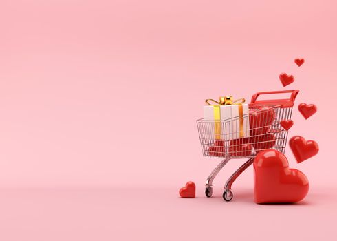 Shopping cart, trolley with gift boxes and hearts on pink background with free space for text, copy space. Valentine's Day, sale. 3D illustration