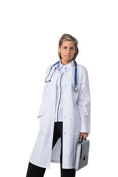 Full length portrait of smiling female doctor woman in labcoat isolated on white background