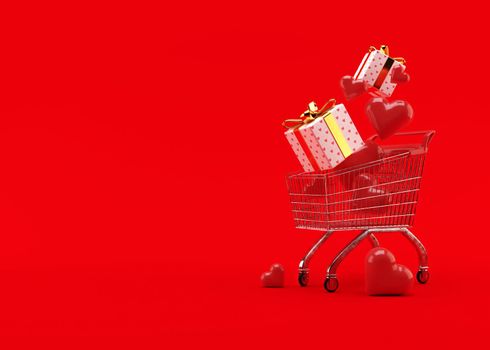 Shopping cart, trolley with gift boxes and hearts on red background with free space for text, copy space. Valentine's Day, sale. 3D illustration