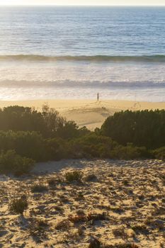 Ocean beach with a lone figure of a fisherman on the shore