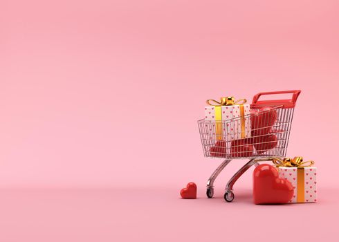 Shopping cart, trolley with gift boxes and hearts on pink background with free space for text, copy space. Valentine's Day, sale. 3D illustration