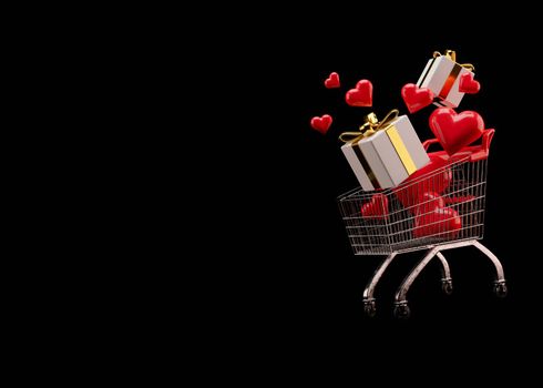 Shopping cart, trolley with gift boxes and red hearts on black background with free space for text, copy space. Valentine's Day, sale. 3D illustration
