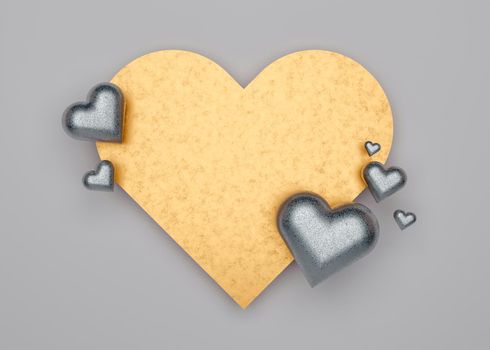 Valentine's Day background with free space for text, copy space. Golden and silver details. Postcard, greeting card design with hearts. 3D illustration. Love