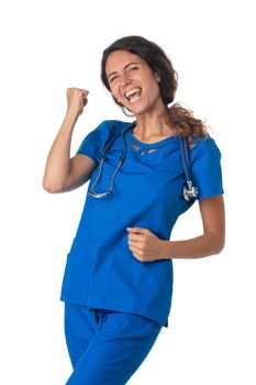 Young female medical nurse healthcare worker holding fists up isolated on white background studio portrait