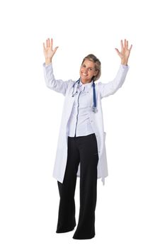 Young female medical doctor with stethoscope with raised arms isolated on white background full length studio portrait